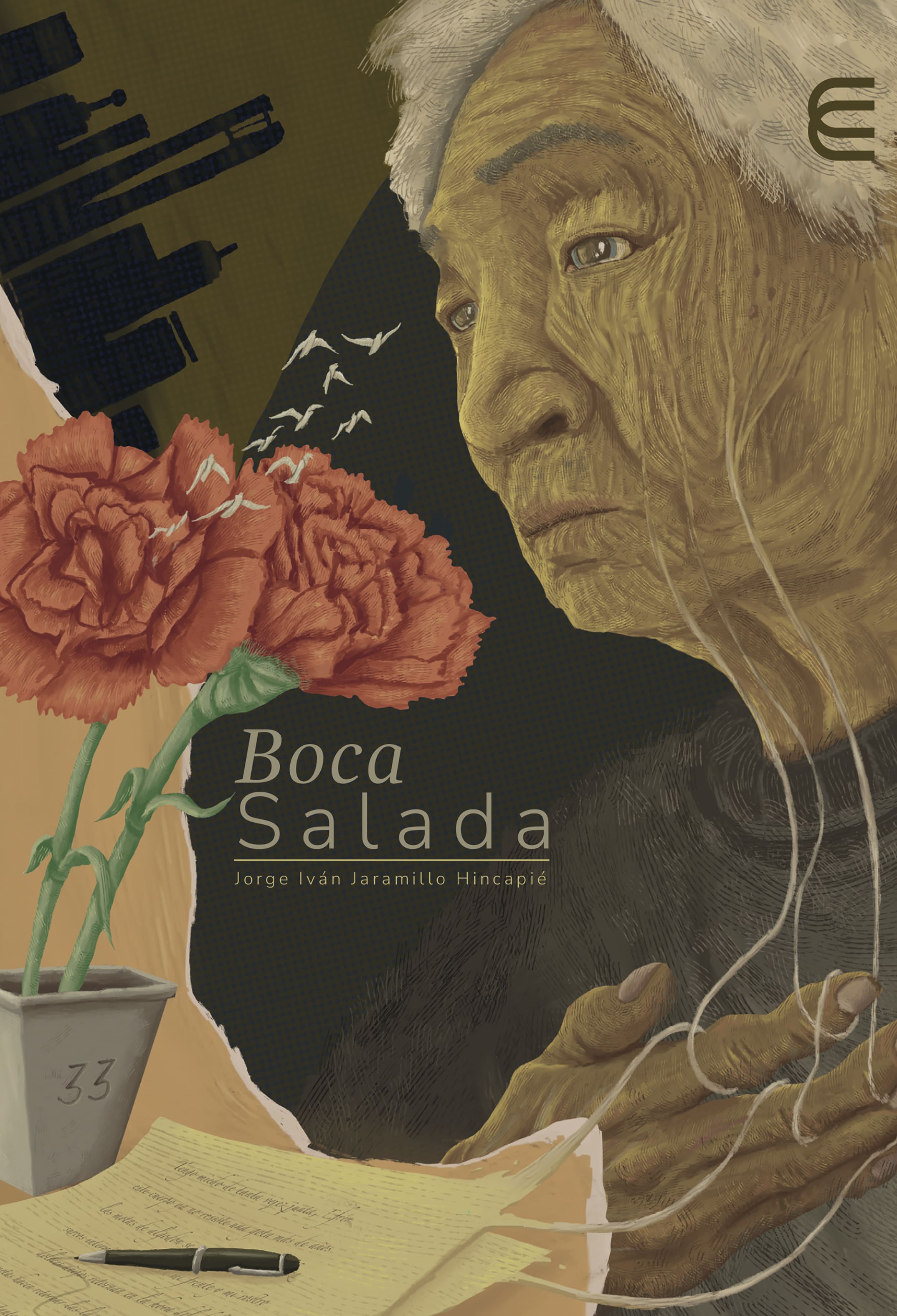 Mujer anciana frente a florero de claveles