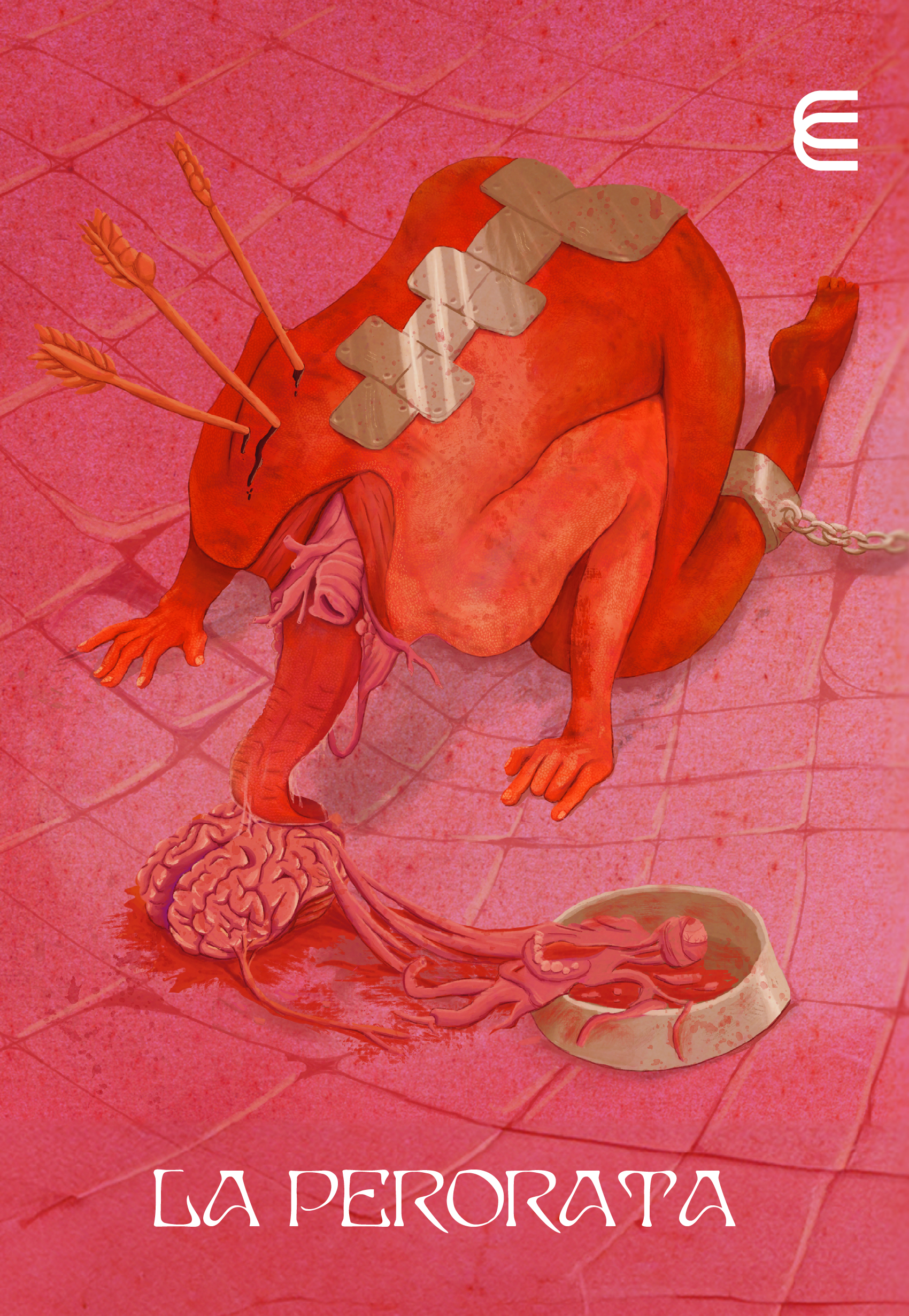 Cover with the figure of a headless monster on all fours licking a brain